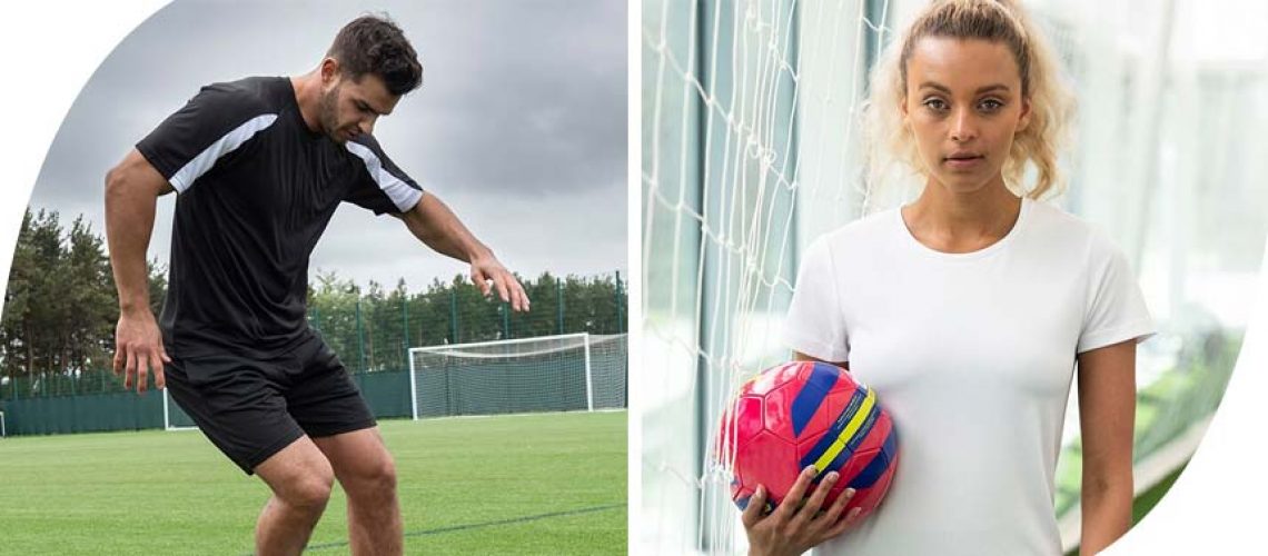 a man playing football and a woman holding a football
