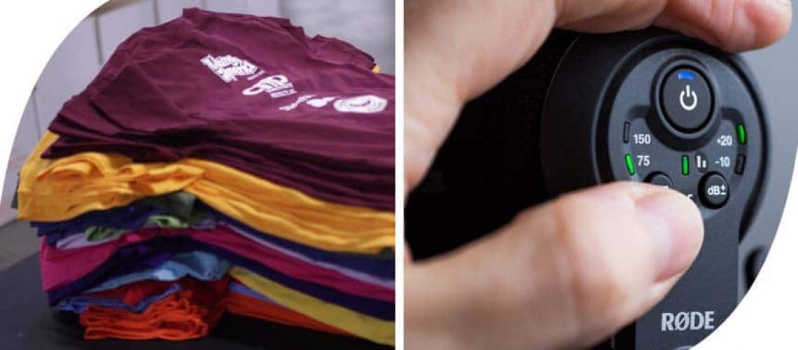 a pile of printed t-shirts, and someone operating a video camera